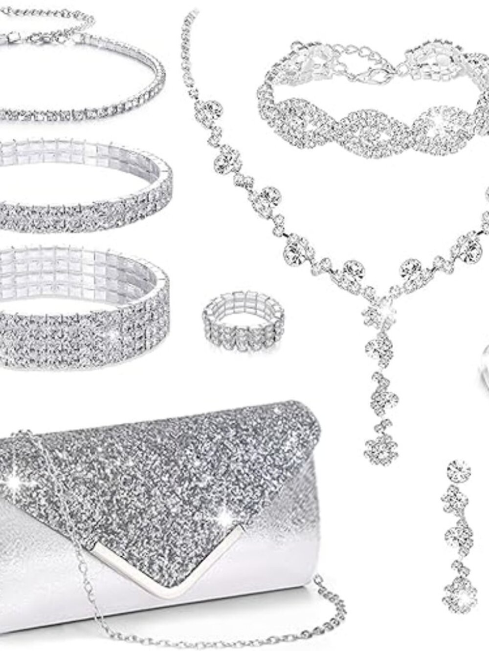 Stunning 9 Piece‎ Jewelry Set w/ Purse for Wedding or Prom Silver Tone Bling